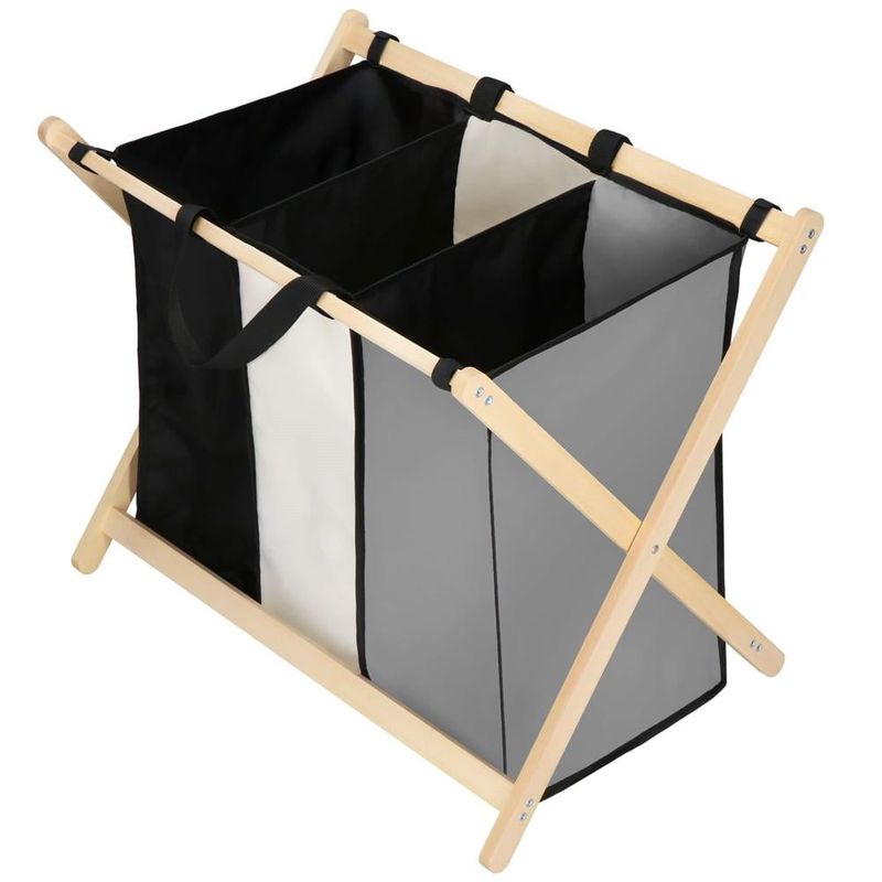 Market - Spalare si intretinere rufe - Uscatoare de rufe si accesorii - Cos de rufe cu 3 compartimente, cadru din lemn, 67x43x55 cm, 105 litri - Infinity.ro