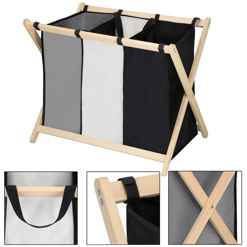 Market - Spalare si intretinere rufe - Uscatoare de rufe si accesorii - Cos de rufe cu 3 compartimente, cadru din lemn, 67x43x55 cm, 105 litri - Infinity.ro