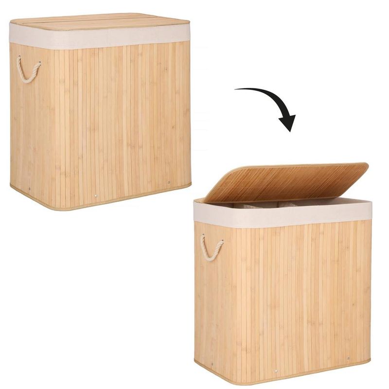 Market - Spalare si intretinere rufe - Uscatoare de rufe si accesorii - Cos de rufe din bambus, pliabil, cu captuseala detasabila lavabila, 3 compartimente, 150L, 63x42x62cm, maro - Infinity.ro