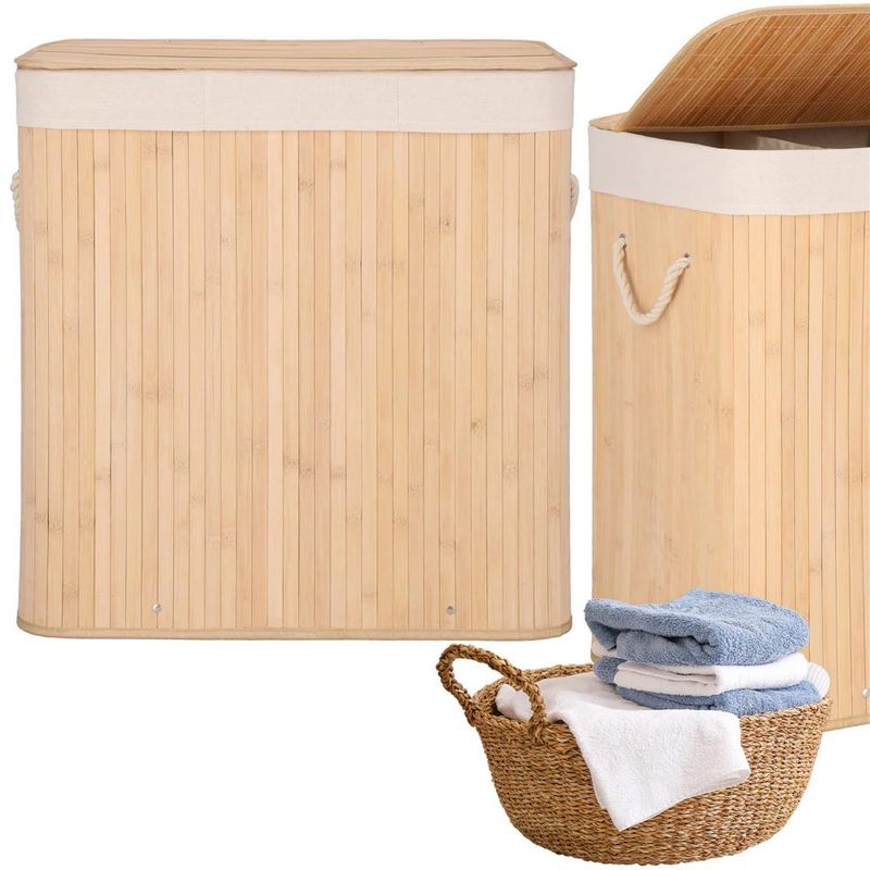 Market - Spalare si intretinere rufe - Uscatoare de rufe si accesorii - Cos de rufe din bambus, pliabil, cu captuseala detasabila lavabila, 3 compartimente, 150L, 63x42x62cm, maro - Infinity.ro