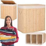 Market - Spalare si intretinere rufe - Uscatoare de rufe si accesorii - Cos de rufe din bambus, pliabil, cu captuseala detasabila lavabila, 3 compartimente, 150L, 63x42x62cm, maro - Infinity.ro
