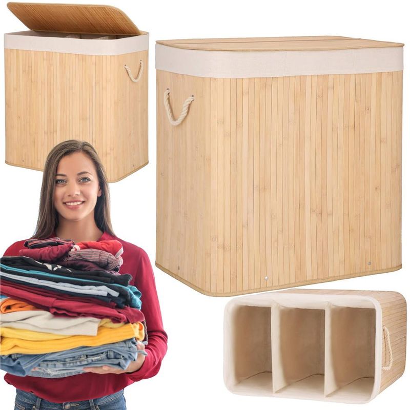 Market - Spalare si intretinere rufe - Uscatoare de rufe si accesorii - Cos de rufe din bambus, pliabil, cu captuseala detasabila lavabila, 3 compartimente, 150L, 63x42x62cm, maro - Infinity.ro