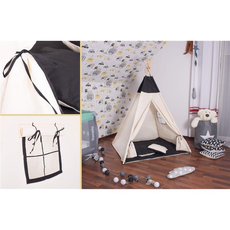 Petshop - Accesorii petshop - Jucarii animale - Jucarii educative - Cort copii Sersimo stil indian Teepee Tent cu fereastra, covoras gros si 2 perne, alb negru - Infinity.ro
