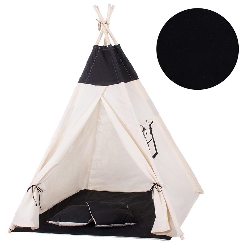 Petshop - Accesorii petshop - Jucarii animale - Jucarii educative - Cort copii Sersimo stil indian Teepee Tent cu fereastra, covoras gros si 2 perne, alb negru - Infinity.ro