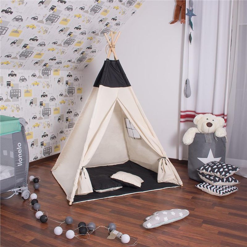 Petshop - Accesorii petshop - Jucarii animale - Jucarii educative - Cort copii Sersimo stil indian Teepee Tent cu fereastra, covoras gros si 2 perne, alb negru - Infinity.ro