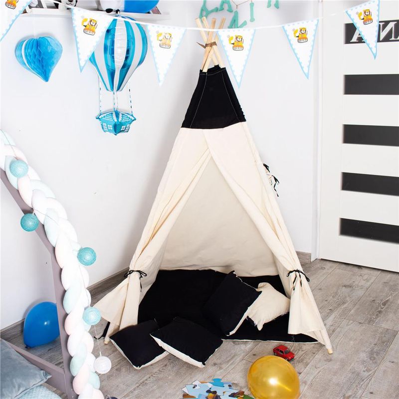 Petshop - Accesorii petshop - Jucarii animale - Jucarii educative - Cort copii Sersimo stil indian Teepee Tent cu fereastra, covoras gros si 2 perne, alb negru - Infinity.ro