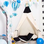 Petshop - Accesorii petshop - Jucarii animale - Jucarii educative - Cort copii Sersimo stil indian Teepee Tent cu fereastra, covoras gros si 2 perne, alb negru - Infinity.ro