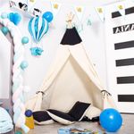 Petshop - Accesorii petshop - Jucarii animale - Jucarii educative - Cort copii Sersimo stil indian Teepee Tent cu fereastra, covoras gros si 2 perne, alb negru - Infinity.ro