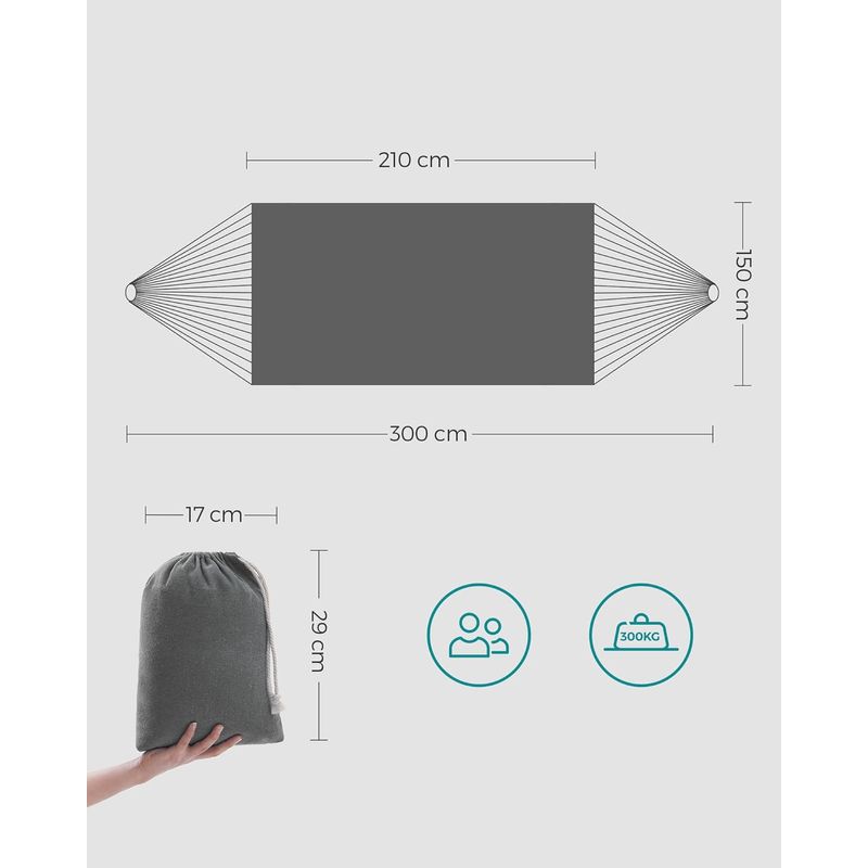 Casa si Gradina - Gradina si terasa - Balansoare si hamace - Balansoare - Hamac dublu, accesorii de prindere cu chingi si carabiniere, 210x150 cm, 300 kg, gri - Infinity.ro