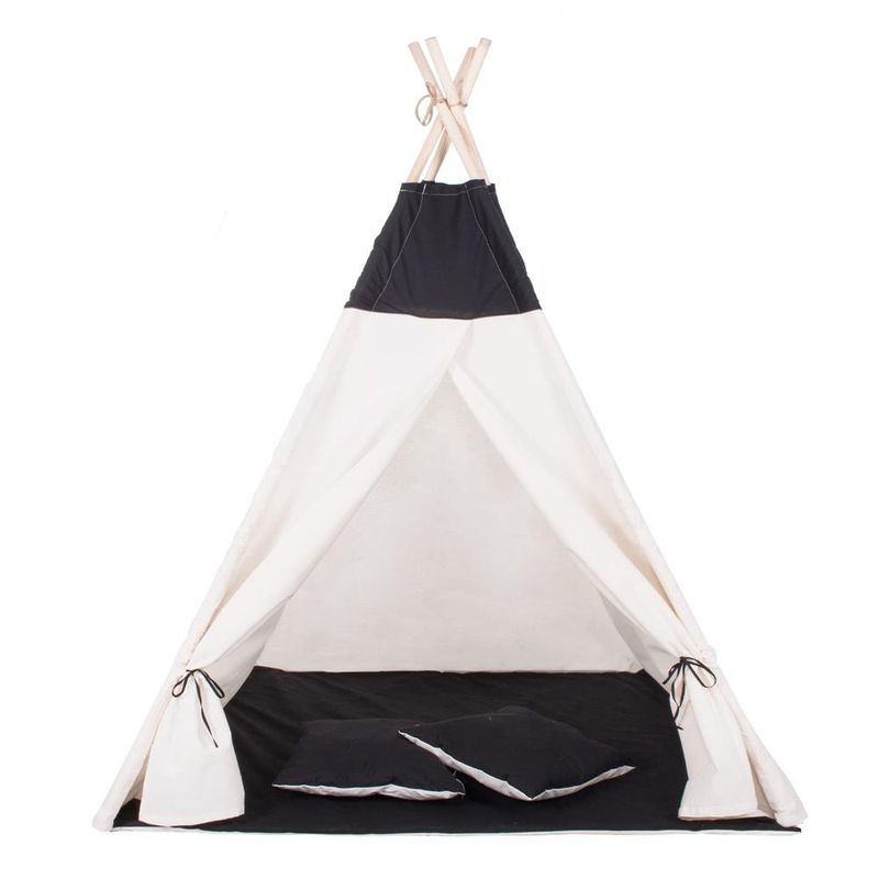 Petshop - Accesorii petshop - Jucarii animale - Jucarii educative - Cort copii Sersimo stil indian Teepee Tent cu fereastra, covoras gros si 2 perne, alb negru - Infinity.ro