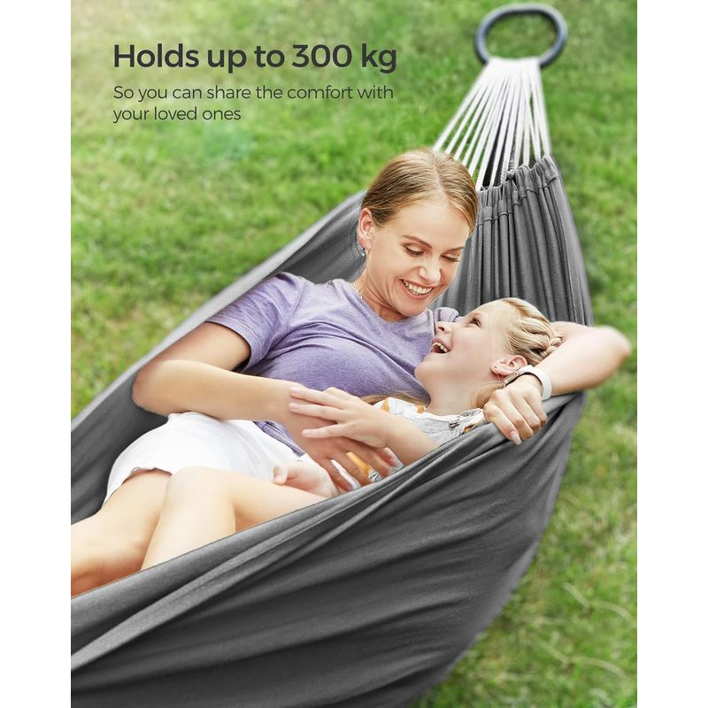 Casa si Gradina - Gradina si terasa - Balansoare si hamace - Balansoare - Hamac dublu, accesorii de prindere cu chingi si carabiniere, 210x150 cm, 300 kg, gri - Infinity.ro
