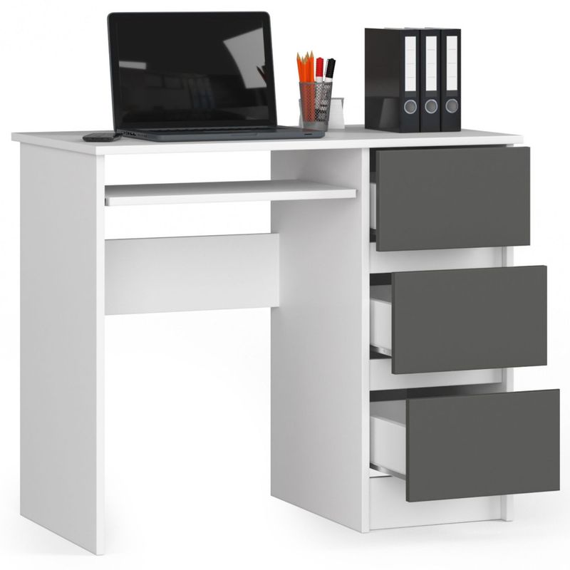 Casa si Gradina - Mobilier - Mese si birouri - Birouri - Birou computer cu 3 sertare si raft pentru tastatura, dreapta, 90x50x77 cm, alb si gri - Infinity.ro