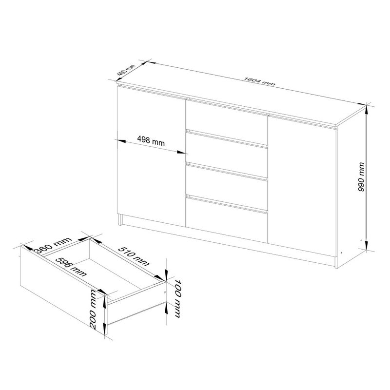 Casa si Gradina - Mobilier - Comode si corpuri - Comode - Comoda K160, cu 4 sertare si 2 dulapuri, PAL laminat 16 mm, 160x40x99 cm, alb - Infinity.ro