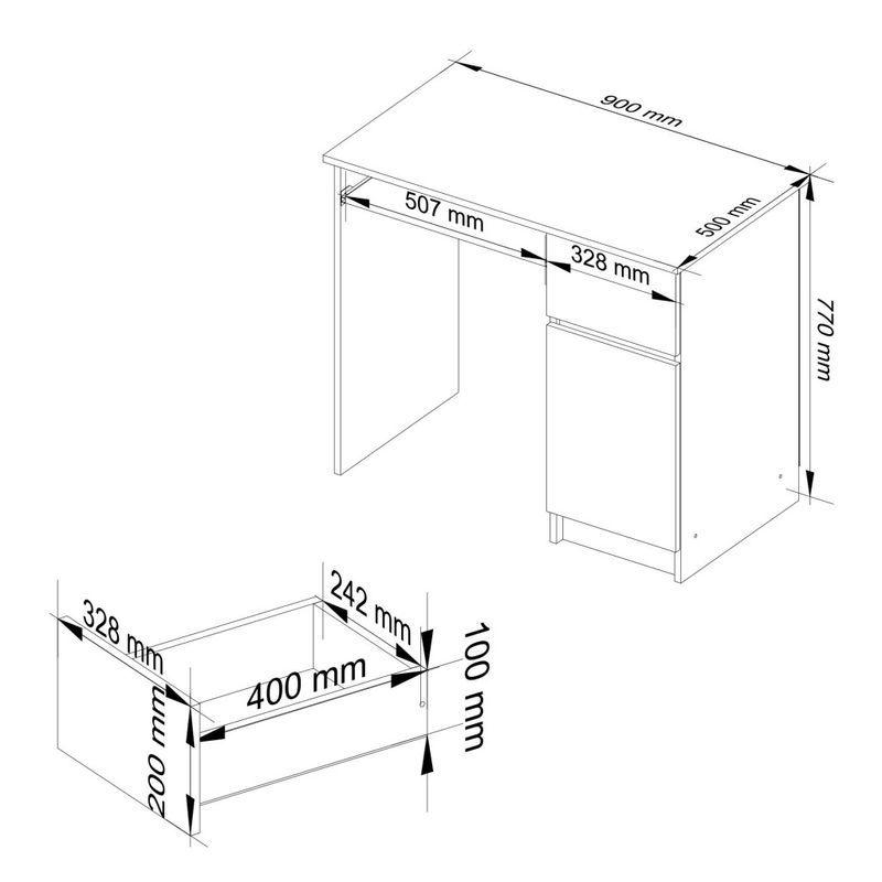 Casa si Gradina - Mobilier - Mese si birouri - Birouri - Birou computer PIKSE cu sertar, dulap si polita glisanta pentru tastatura, dreapta, 90x50x77 cm, alb - Infinity.ro