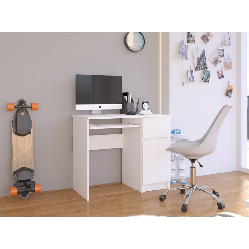 Casa si Gradina - Mobilier - Mese si birouri - Birouri - Birou computer PIKSE cu sertar, dulap si polita glisanta pentru tastatura, dreapta, 90x50x77 cm, alb - Infinity.ro
