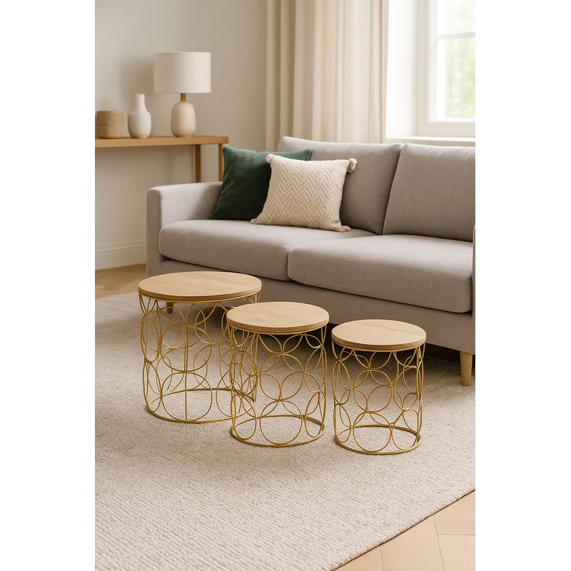 Casa si Gradina - Mobilier - Mese si birouri - Masute de cafea - Set 3 masute cafea Atmosphera Kumi, structura metal, diametru 37, 41 si 46 cm, auriu - Infinity.ro