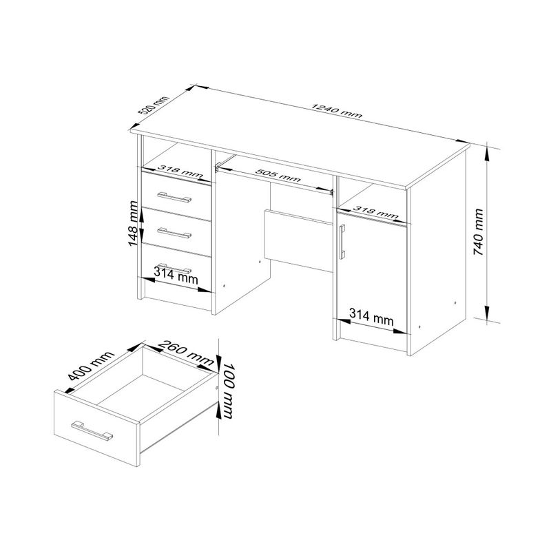 Casa si Gradina - Mobilier - Mese si birouri - Birouri - Birou ANA pentru calculator, cu 3 sertare si 1 usa, 124x52x74 cm, stejar sonoma - Infinity.ro