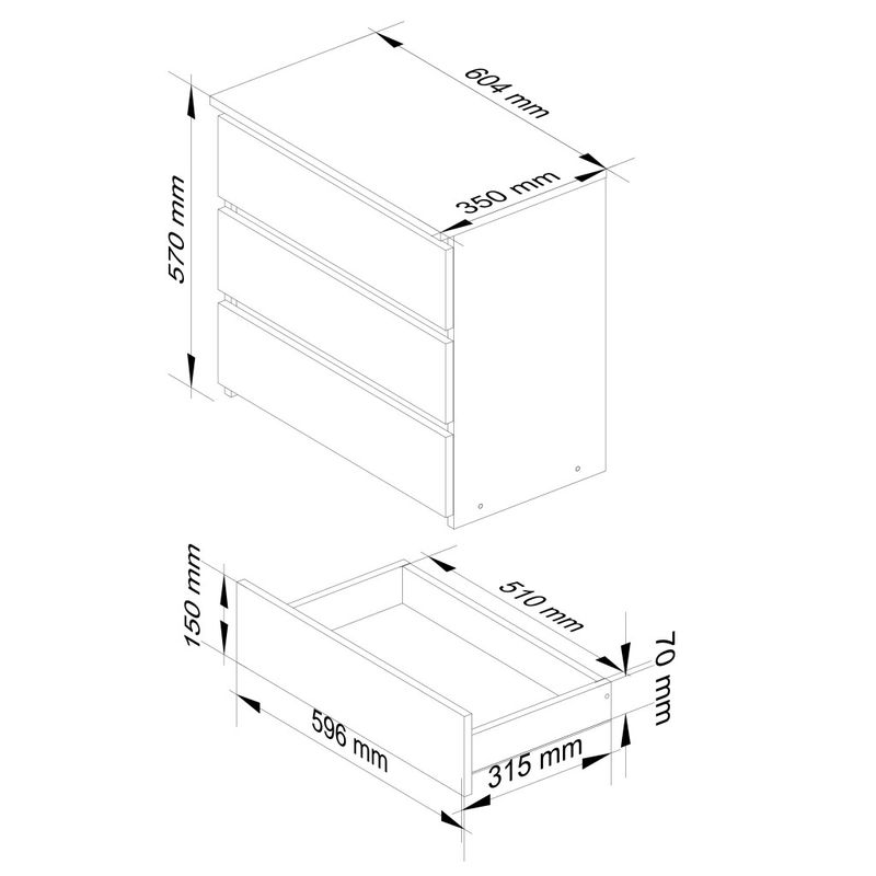 Casa si Gradina - Mobilier - Comode si corpuri - Noptiere - Noptiera cu 3 sertare, PAL laminat, 60x35x57 cm, gri mat - Infinity.ro