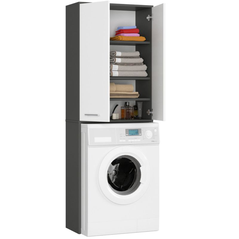 Casa si Gradina - Mobilier - Mobilier baie - Corpuri baie - Dulap de baie cu 2 usi si 4 rafturi, pentru spatiul de deasupra masinii de spalat, 64x30x180 cm, gri grafit si alb - Infinity.ro