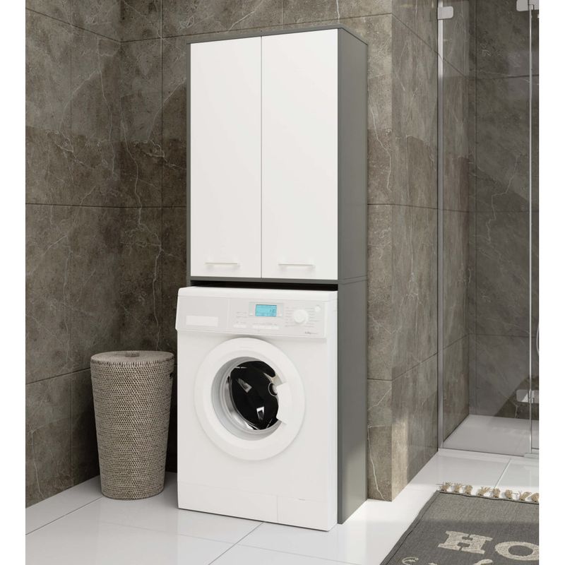 Casa si Gradina - Mobilier - Mobilier baie - Corpuri baie - Dulap de baie cu 2 usi si 4 rafturi, pentru spatiul de deasupra masinii de spalat, 64x30x180 cm, gri grafit si alb - Infinity.ro