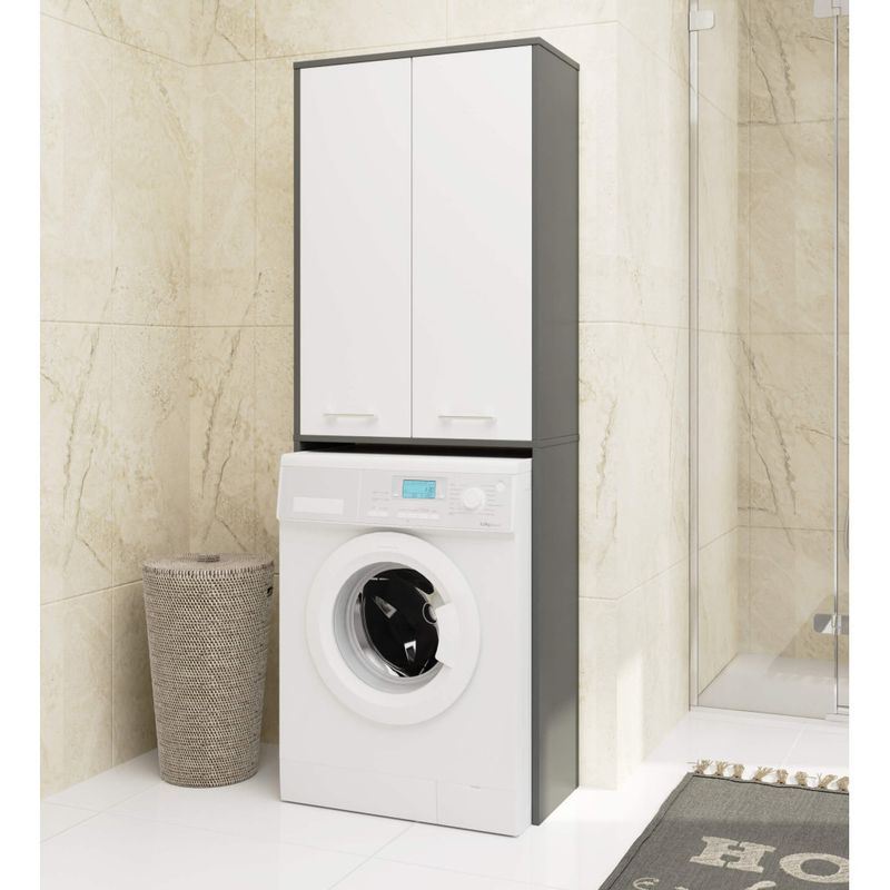 Casa si Gradina - Mobilier - Mobilier baie - Corpuri baie - Dulap de baie cu 2 usi si 4 rafturi, pentru spatiul de deasupra masinii de spalat, 64x30x180 cm, gri grafit si alb - Infinity.ro