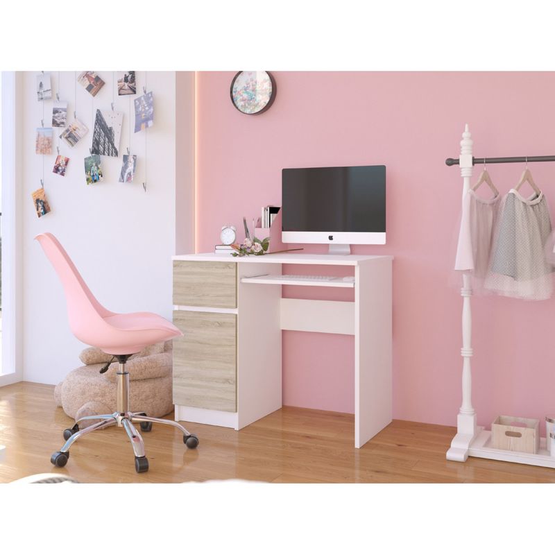 Casa si Gradina - Mobilier - Mese si birouri - Birouri - Birou computer PIKSEL, cu sertar, dulap si raft pentru tastatura, stanga, 90x50x77 cm, alb si stejar sonoma - Infinity.ro