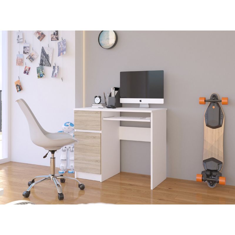 Casa si Gradina - Mobilier - Mese si birouri - Birouri - Birou computer PIKSEL, cu sertar, dulap si raft pentru tastatura, stanga, 90x50x77 cm, alb si stejar sonoma - Infinity.ro