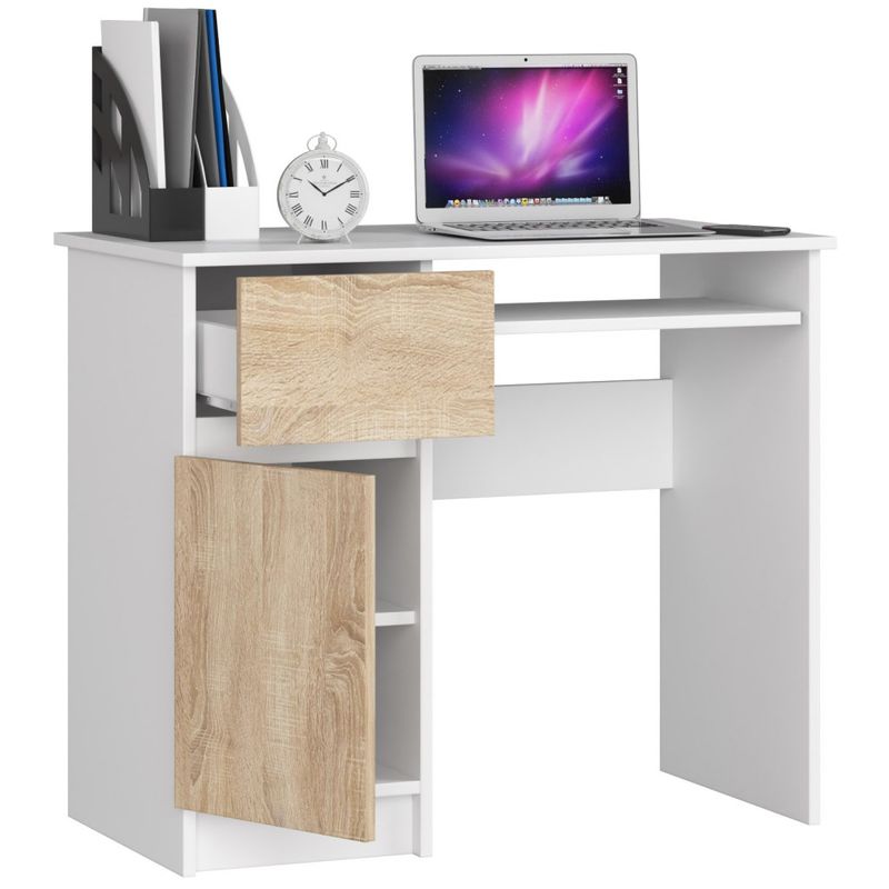Casa si Gradina - Mobilier - Mese si birouri - Birouri - Birou computer PIKSEL, cu sertar, dulap si raft pentru tastatura, stanga, 90x50x77 cm, alb si stejar sonoma - Infinity.ro