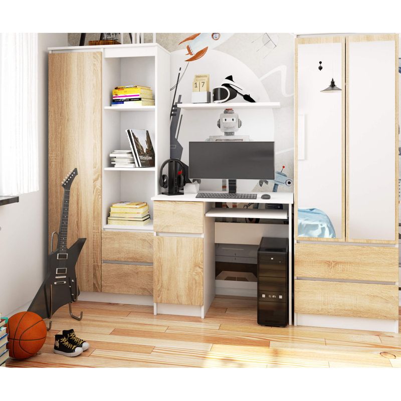 Casa si Gradina - Mobilier - Mese si birouri - Birouri - Birou computer PIKSEL, cu sertar, dulap si raft pentru tastatura, stanga, 90x50x77 cm, alb si stejar sonoma - Infinity.ro