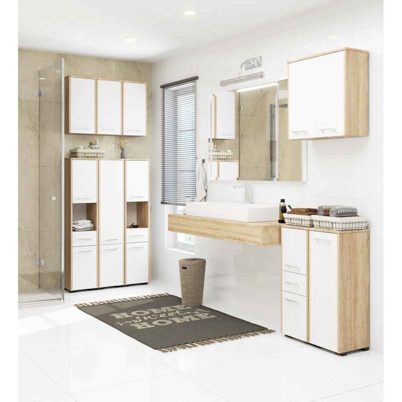 Casa si Gradina - Mobilier - Mobilier baie - Corpuri baie - Dulap baie tip coloana cu 2 usi si sertar, PAL laminat, 30x30x85 cm, stejar sonoma si alb - Infinity.ro