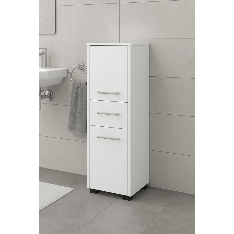 Casa si Gradina - Mobilier - Mobilier baie - Corpuri baie - Dulap baie tip coloana cu 2 usi si sertar, PAL laminat, 30x30x85 cm, alb mat - Infinity.ro