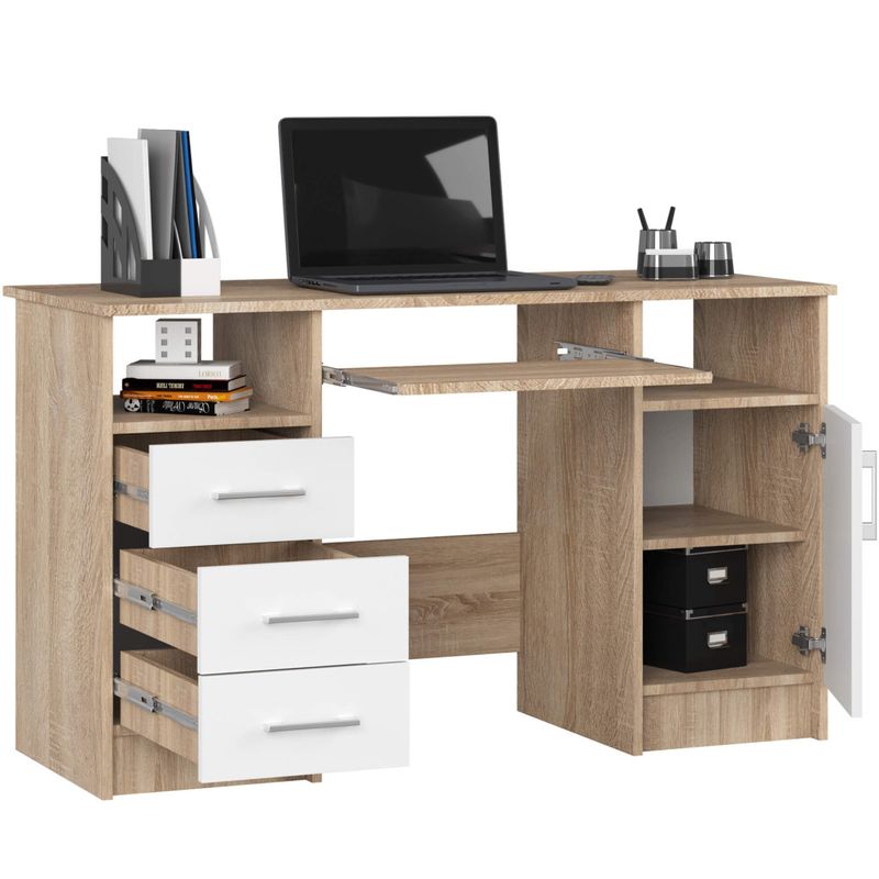 Casa si Gradina - Mobilier - Mese si birouri - Birouri - Birou ANA pentru calculator, cu 3 sertare si 1 usa, 124x52x74 cm, stejar sonoma si alb - Infinity.ro