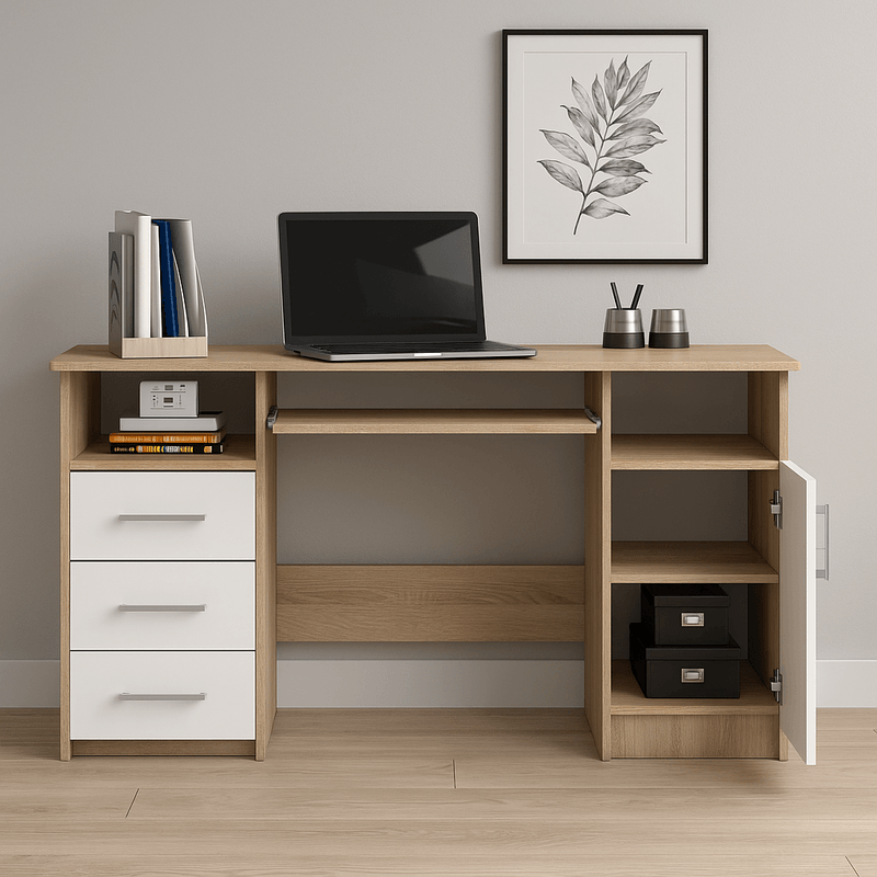 Casa si Gradina - Mobilier - Mese si birouri - Birouri - Birou ANA pentru calculator, cu 3 sertare si 1 usa, 124x52x74 cm, stejar sonoma si alb - Infinity.ro