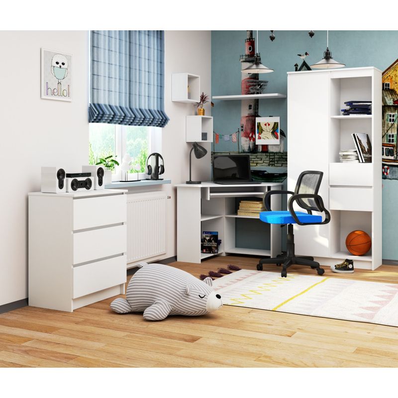 Casa si Gradina - Mobilier - Mese si birouri - Birouri - Birou de colt TED, cu rafturi si polita glisanta pentru tastatura, 80x80x74 cm, alb - Infinity.ro
