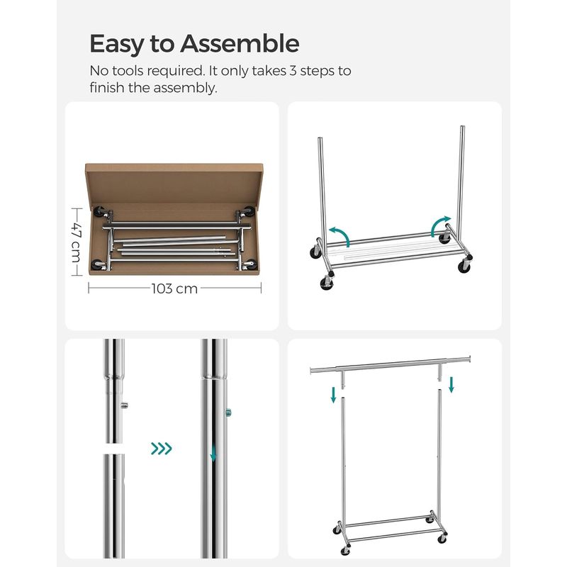 Casa si Gradina - Mobilier - Organizare si depozitare - Cuiere - Suport pentru haine cu sina superioara extensibila, pe roti, reglabil pe latime, 45x(92-132)x160cm, inox argintiu - Infinity.ro