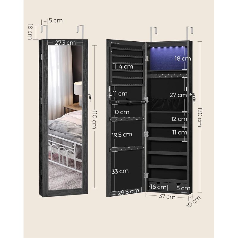 Casa si Gradina - Mobilier - Mobilier baie - Comode baie - Dulap de bijuterii cu oglinda, din MDF, montare pe perete, 37x10x120 cm, negru - Infinity.ro