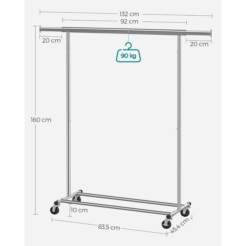 Casa si Gradina - Mobilier - Organizare si depozitare - Cuiere - Suport pentru haine cu sina superioara extensibila, pe roti, reglabil pe latime, 45x(92-132)x160cm, inox argintiu - Infinity.ro