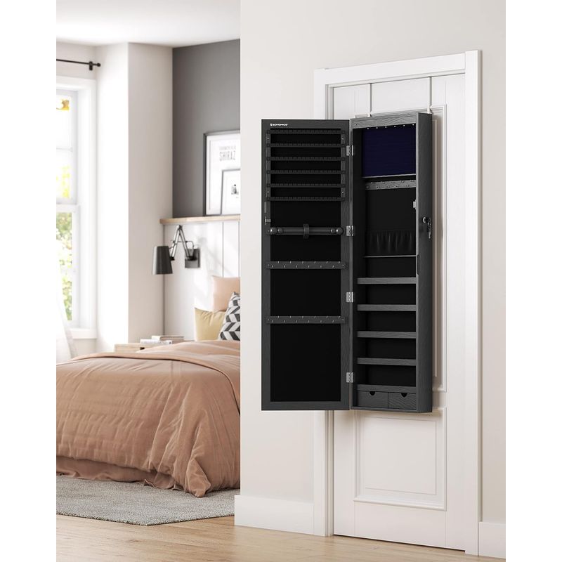 Casa si Gradina - Mobilier - Mobilier baie - Comode baie - Dulap de bijuterii cu oglinda, din MDF, montare pe perete, 37x10x120 cm, negru - Infinity.ro