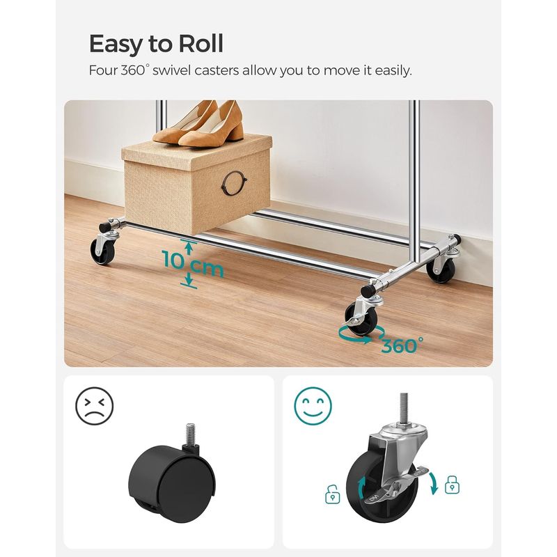 Casa si Gradina - Mobilier - Organizare si depozitare - Cuiere - Suport pentru haine cu sina superioara extensibila, pe roti, reglabil pe latime, 45x(92-132)x160cm, inox argintiu - Infinity.ro