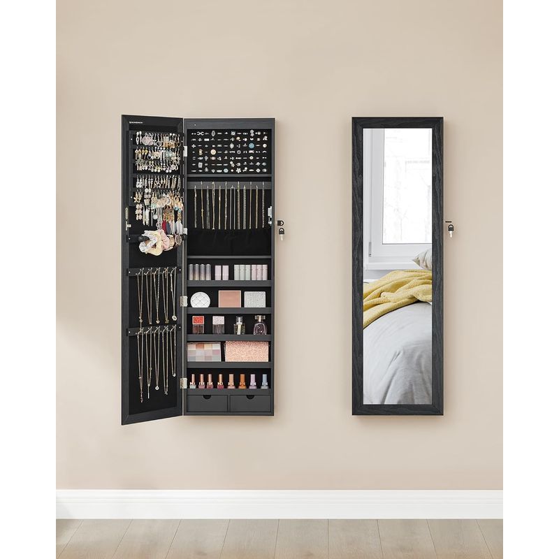 Casa si Gradina - Mobilier - Mobilier baie - Comode baie - Dulap de bijuterii cu oglinda, din MDF, montare pe perete, 37x10x120 cm, negru - Infinity.ro