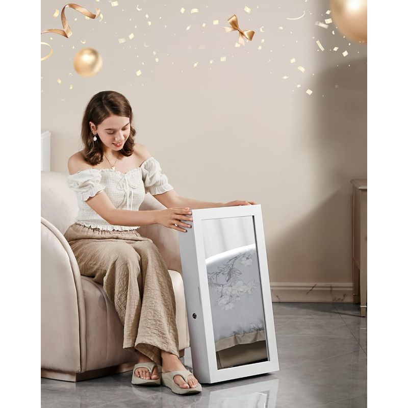 Casa si Gradina - Mobilier - Comode si corpuri - Masute de toaleta - Dulap de bijuterii cu oglinda, montare pe perete, incuietoare, 37x11x67cm, alb - Infinity.ro