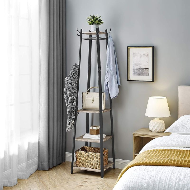 Casa si Gradina - Mobilier - Organizare si depozitare - Cuiere - Cuier de haine cu 3 rafturi, suport cu carlige, din otel, 43x43x180 cm, stil industrial, gri si negru - Infinity.ro