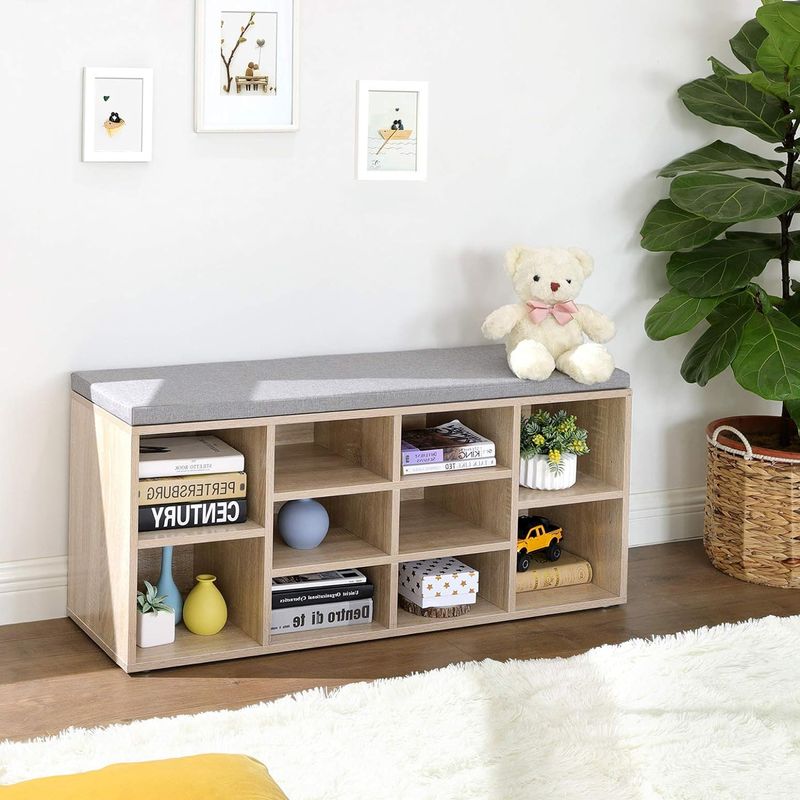 Casa si Gradina - Mobilier - Dulapuri si sifoniere - Dulapuri pantofi - Banca pentru hol cu suport pentru pantofi, 10 compartimente, cu perna, 104x48x30cm, stejar - Infinity.ro