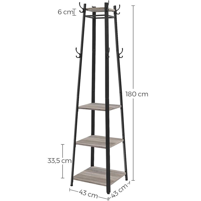 Casa si Gradina - Mobilier - Organizare si depozitare - Cuiere - Cuier de haine cu 3 rafturi, suport cu carlige, din otel, 43x43x180 cm, stil industrial, gri si negru - Infinity.ro