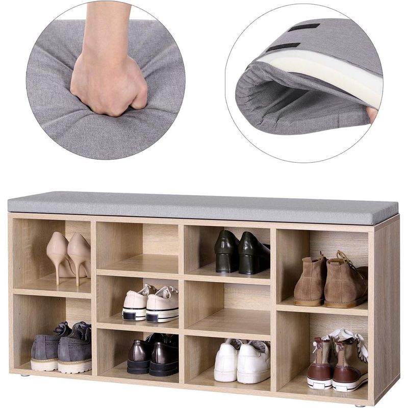 Casa si Gradina - Mobilier - Dulapuri si sifoniere - Dulapuri pantofi - Banca pentru hol cu suport pentru pantofi, 10 compartimente, cu perna, 104x48x30cm, stejar - Infinity.ro