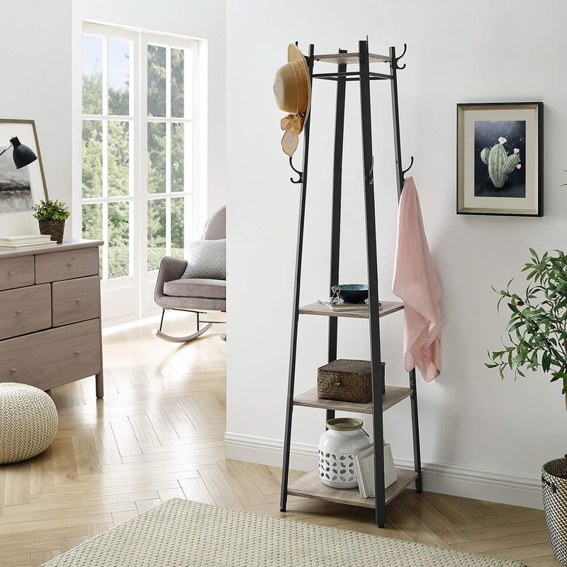 Casa si Gradina - Mobilier - Organizare si depozitare - Cuiere - Cuier de haine cu 3 rafturi, suport cu carlige, din otel, 43x43x180 cm, stil industrial, gri si negru - Infinity.ro