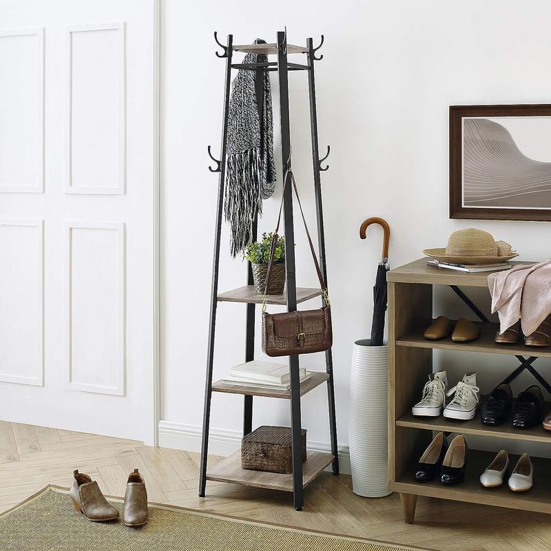 Casa si Gradina - Mobilier - Organizare si depozitare - Cuiere - Cuier de haine cu 3 rafturi, suport cu carlige, din otel, 43x43x180 cm, stil industrial, gri si negru - Infinity.ro