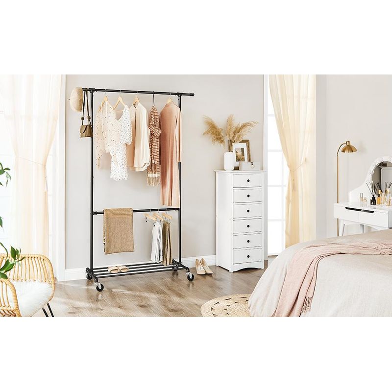 Casa si Gradina - Mobilier - Organizare si depozitare - Cuiere - Suport pentru haine, cu raft si 2 sine de agatat, cadru metalic, cu roti, 130x49x198cm, industrial, negru - Infinity.ro