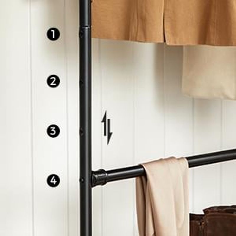 Casa si Gradina - Mobilier - Organizare si depozitare - Cuiere - Suport pentru haine, cu raft si 2 sine de agatat, cadru metalic, cu roti, 130x49x198cm, industrial, negru - Infinity.ro