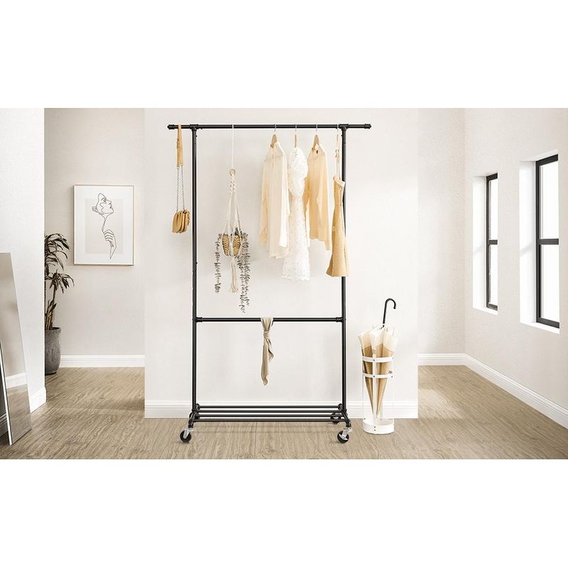 Casa si Gradina - Mobilier - Organizare si depozitare - Cuiere - Suport pentru haine, cu raft si 2 sine de agatat, cadru metalic, cu roti, 130x49x198cm, industrial, negru - Infinity.ro